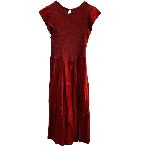 Boho A Line Dress Women Medium Orange Smocked Tiered Western Stretch Ruffle - Picture 1 of 11
